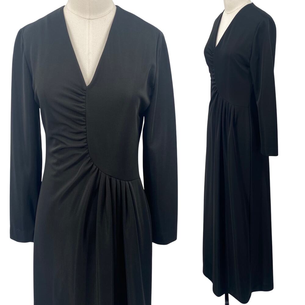 Vintage 70s Maxi Dress Slinky Draped Pleated Bodice V Neck Long Sleeve Black 6